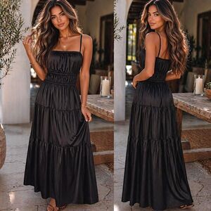 Whimsigoth XS Black Satin Tier Maxi Dress Smocked Fairy Elegant Boho Minimalist